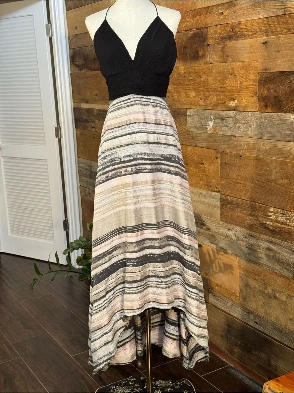 Badgley Mischka Printed Jacquard V-Neck High-Low Dress Pockets Black Multi Sz 8